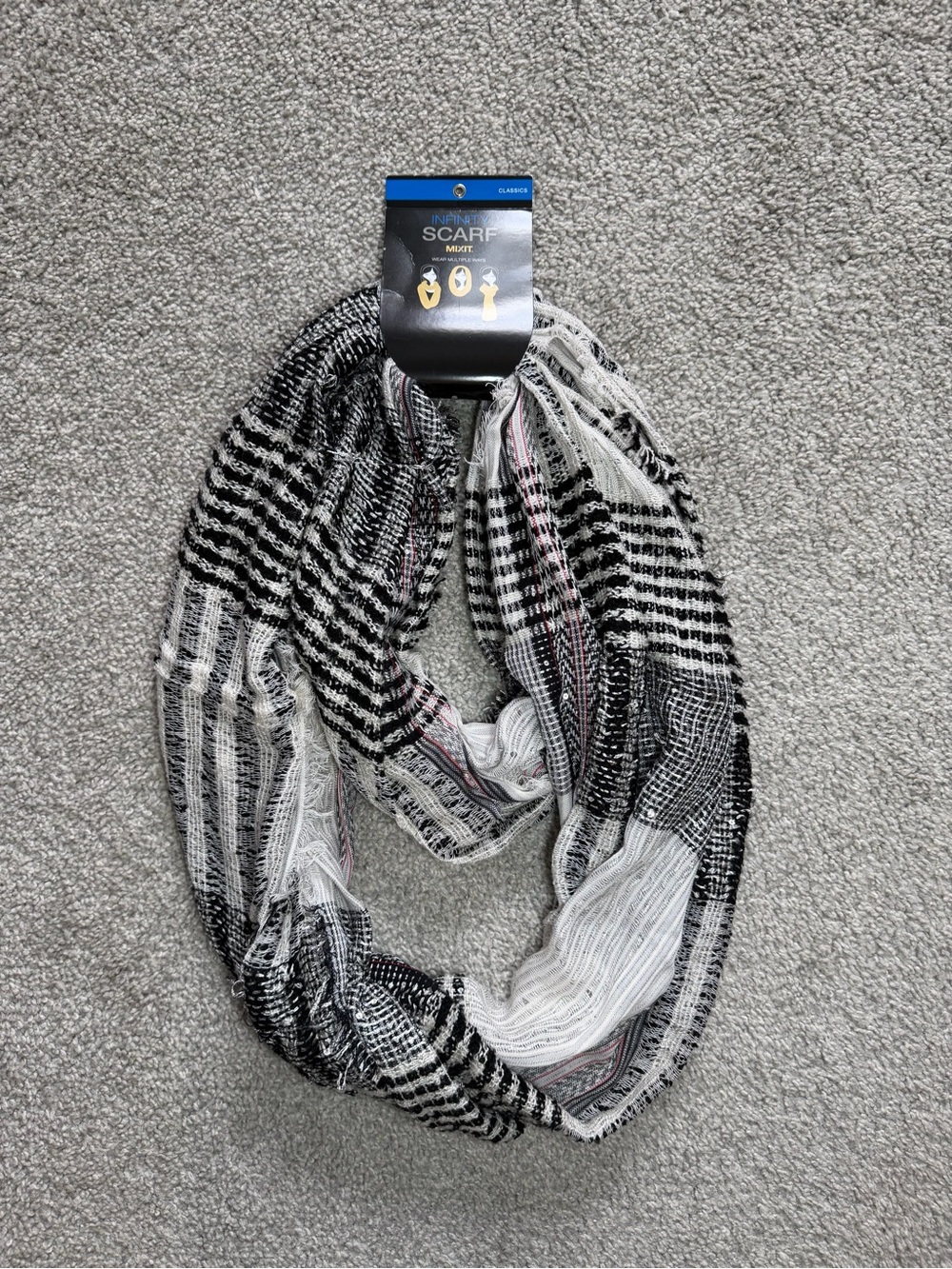 Mixit Black & White Infinity Scarf with Subtle Red Stripes